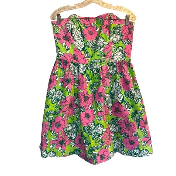 ▶️ Lilly Pulitzer ◀️ Pink Green Strapless Butterfly Lottie Dress Size 10 - Picture 6 of 14